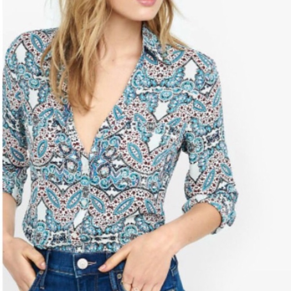 Express Blue Pink Paisley Floral Portofino Convertible Sleeves Blouse Top XS